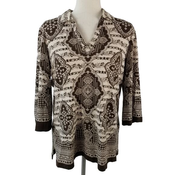 Talbots Brown Cream Floral Paisley Collared V Neck Top Size X P - Picture 1 of 4